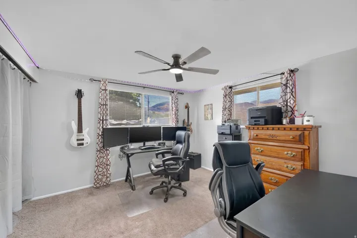 Carpeted room with a ceiling fan, two windows, and a built-in wall niche