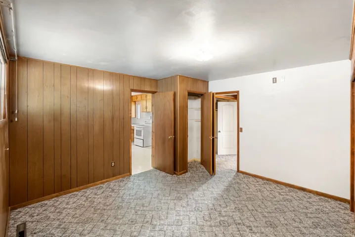 Wood paneling, neutral carpet, white painted walls, and wood-finish doors