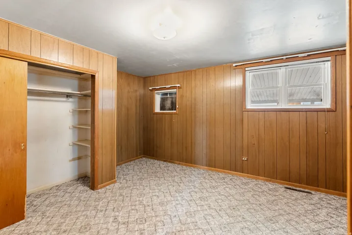 Paneled walls, two windows, ceiling-mounted light fixture, carpeted flooring, and a closet with built-in shelving