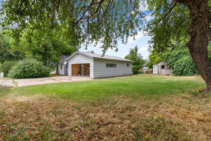 Detached garage with metal roof, concrete driveway, and grassy yard with mature trees