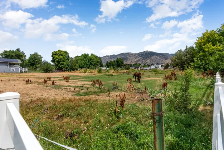 Expansive property featuring a large open field, mature trees, and distant mountain scenery