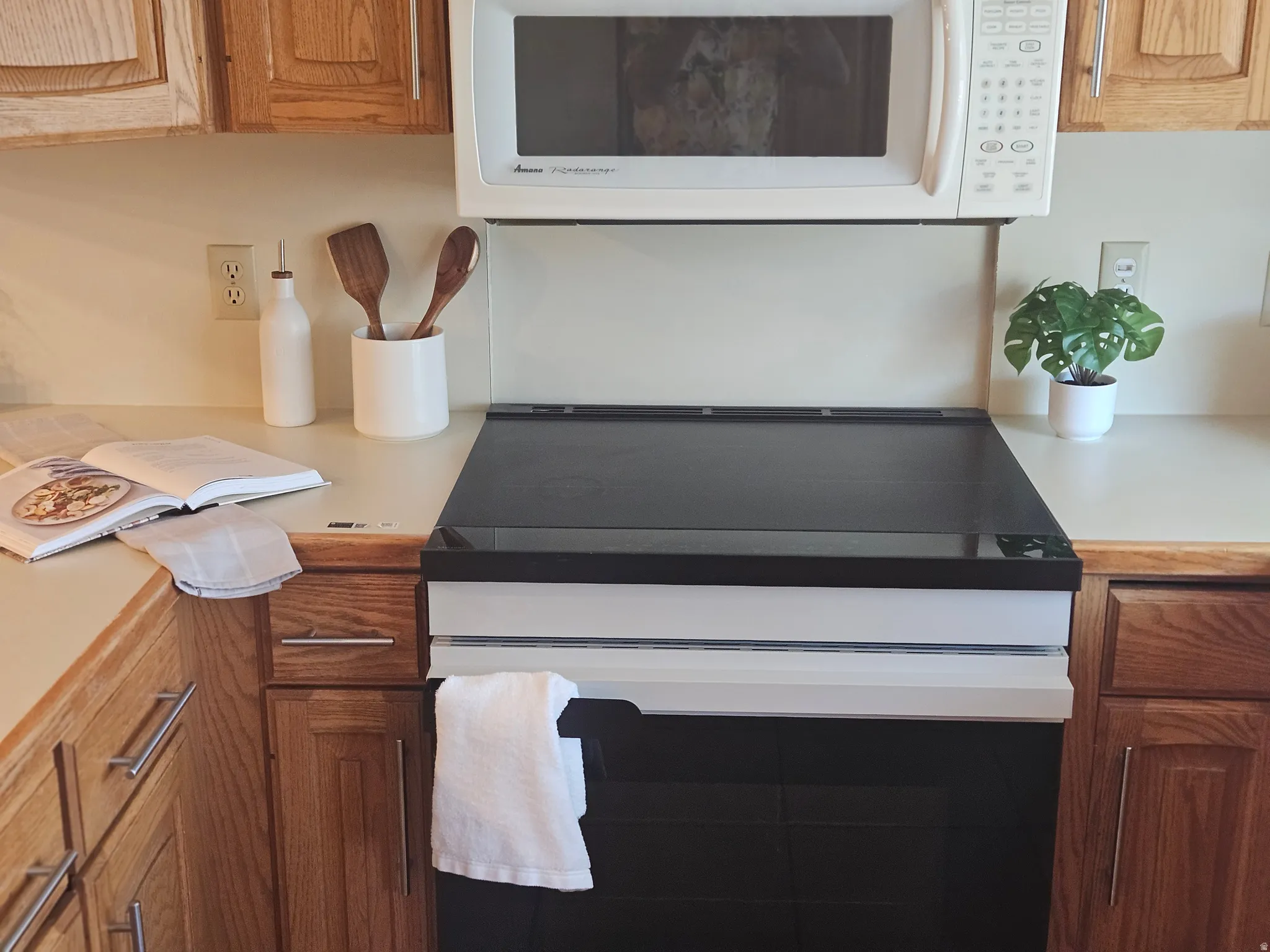 Wood-finish cabinetry with silver-tone hardware, a smooth-top electric range, and an over-the-range microwave