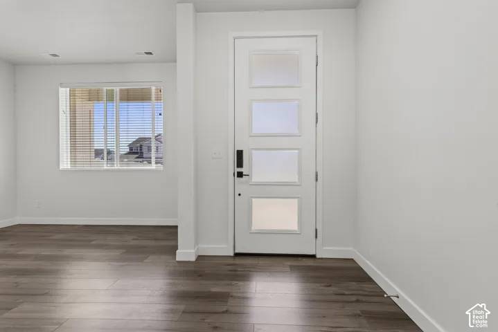 Modern entry door with four frosted glass panels, wood-finish flooring, and a large window with blinds