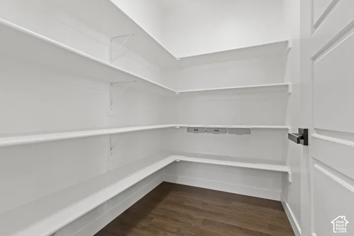 Spacious pantry featuring extensive built-in shelving, durable wood-finish flooring, and a panel-style door with matte black hardware
