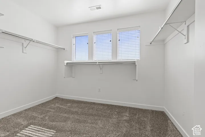 Built-in closet shelving and hanging rods, three windows with blinds, and neutral carpet flooring