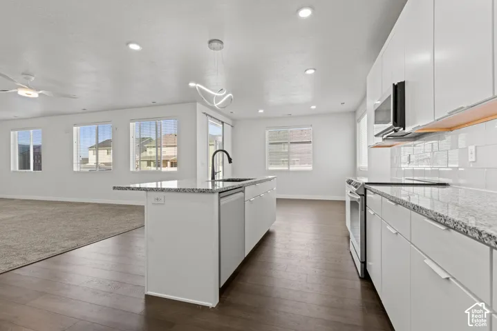 Open-concept kitchen featuring white cabinetry, a kitchen island with sink, stainless steel appliances, and wood-finish flooring