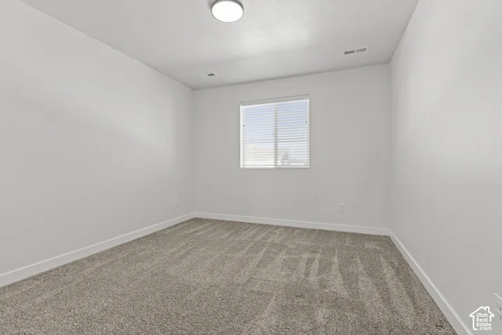 Neutral wall finishes, window with horizontal blinds, overhead ceiling light, and carpeted flooring