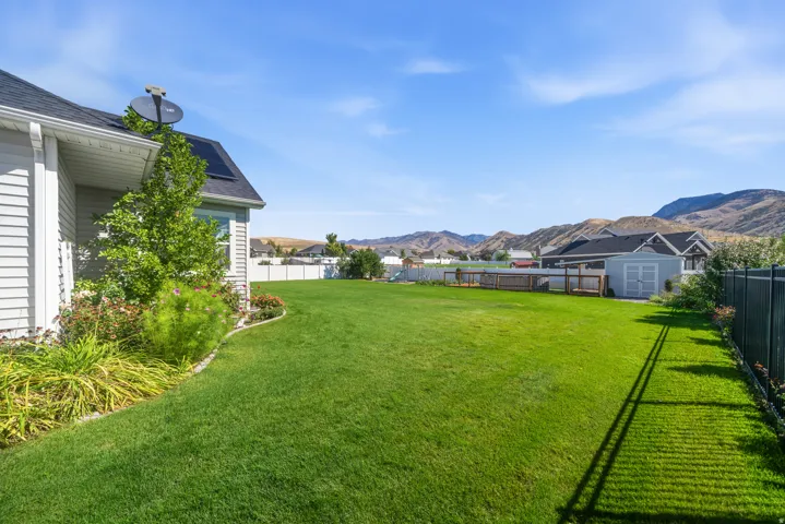 Expansive backyard featuring a manicured lawn, established landscaping, and a utility shed
