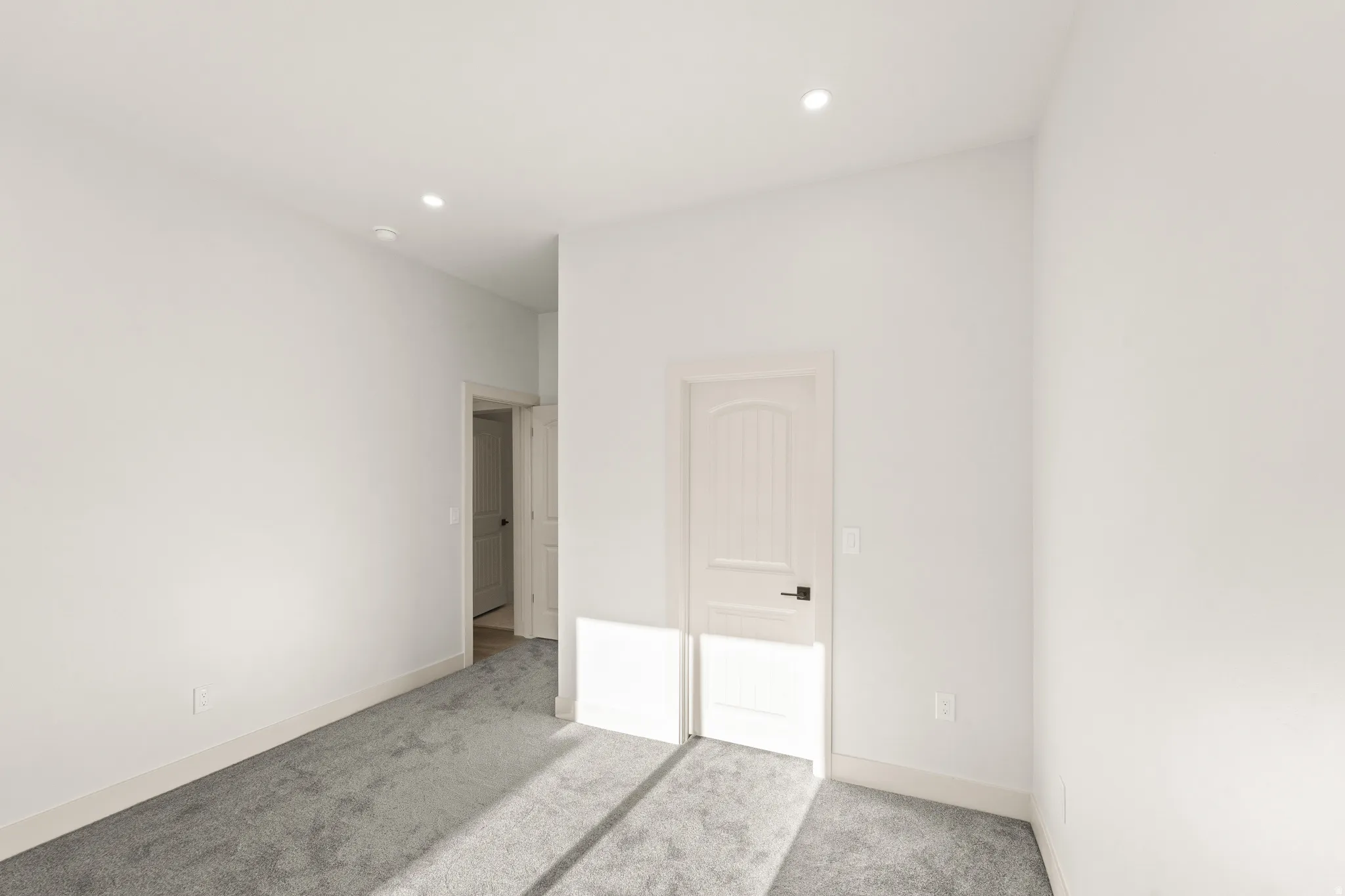 Recessed lighting, light gray carpeting, neutral wall finishes, and a white interior door with dark hardware