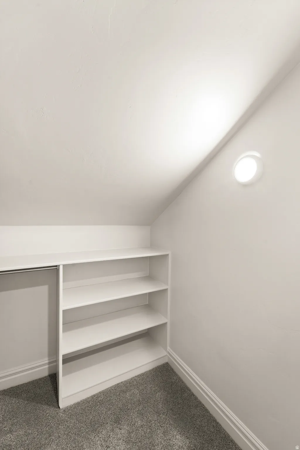 Built-in shelving, hanging rod, recessed lighting, and grey carpet flooring