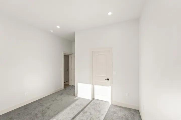 Recessed lighting, light gray carpeting, neutral wall finishes, and a white interior door with dark hardware