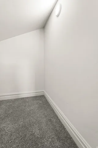 Plush carpeting, crisp white walls, and a contemporary ceiling-mounted light fixture