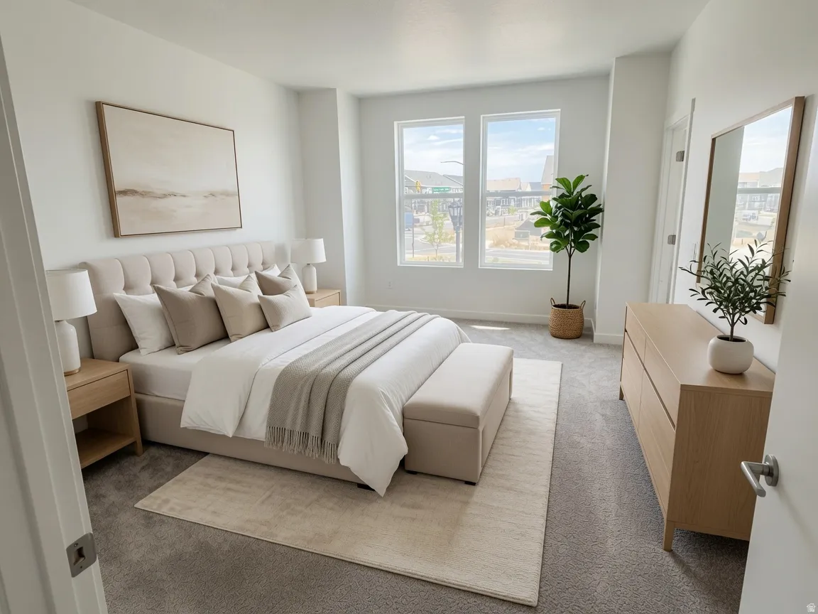 Recessed lighting illuminates the space, complemented by large windows offering abundant natural light