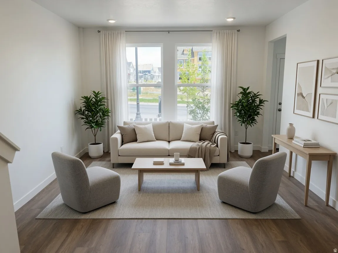 Expansive living area featuring large windows, recessed lighting, wood-finish flooring, and crisp white walls