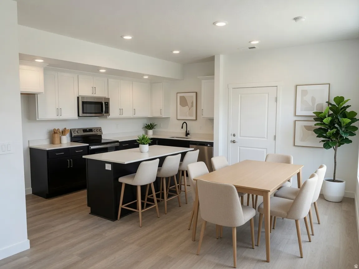 Contemporary kitchen featuring wood-finish flooring, two-tone cabinetry, stainless steel appliances, a center island with countertop seating, and recessed lighting
