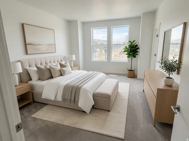 Recessed lighting illuminates the space, complemented by large windows offering abundant natural light