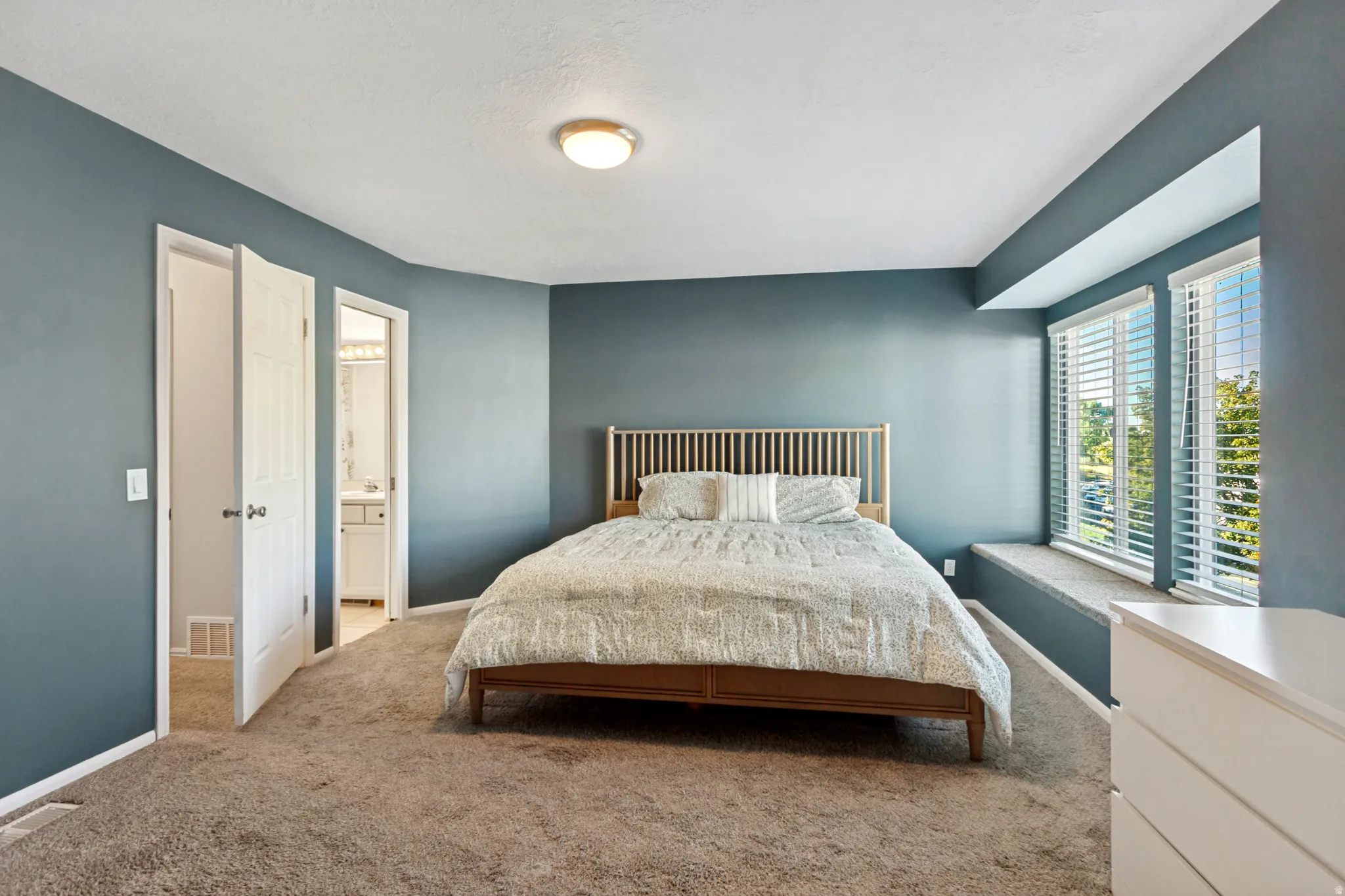 Carpeted interior with a built-in window seat, multiple windows with blinds, and a flush mount ceiling light