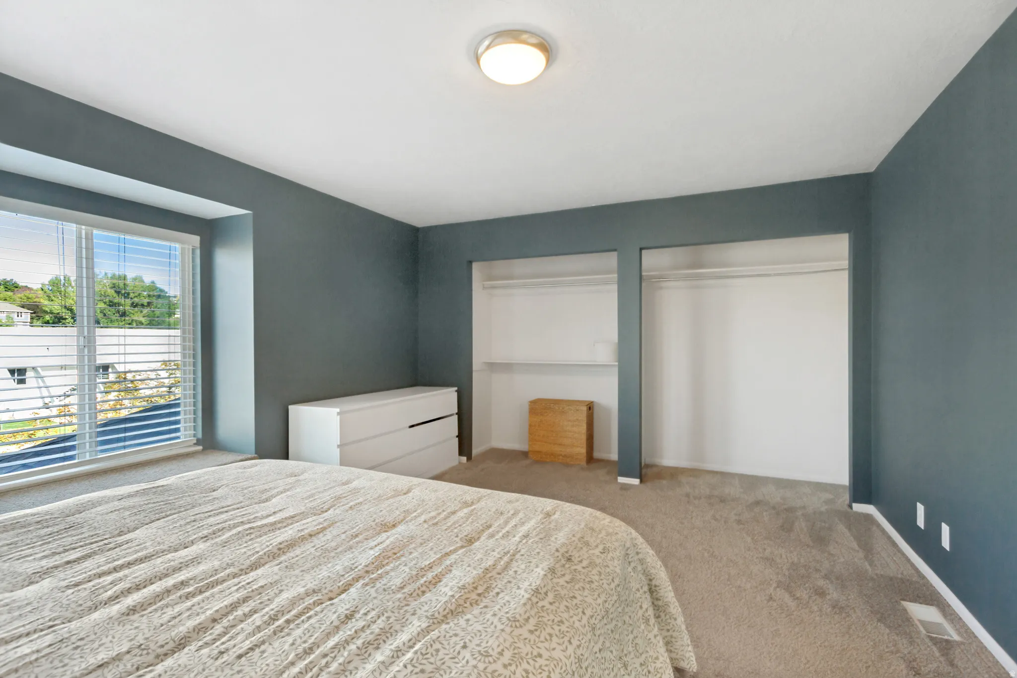 Carpeted room with a large window, integrated window blinds, and dual open closet spaces