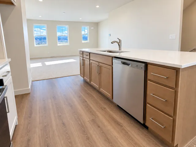 Kitchen island with wood cabinetry, stainless steel dishwasher, and a light-toned countertop