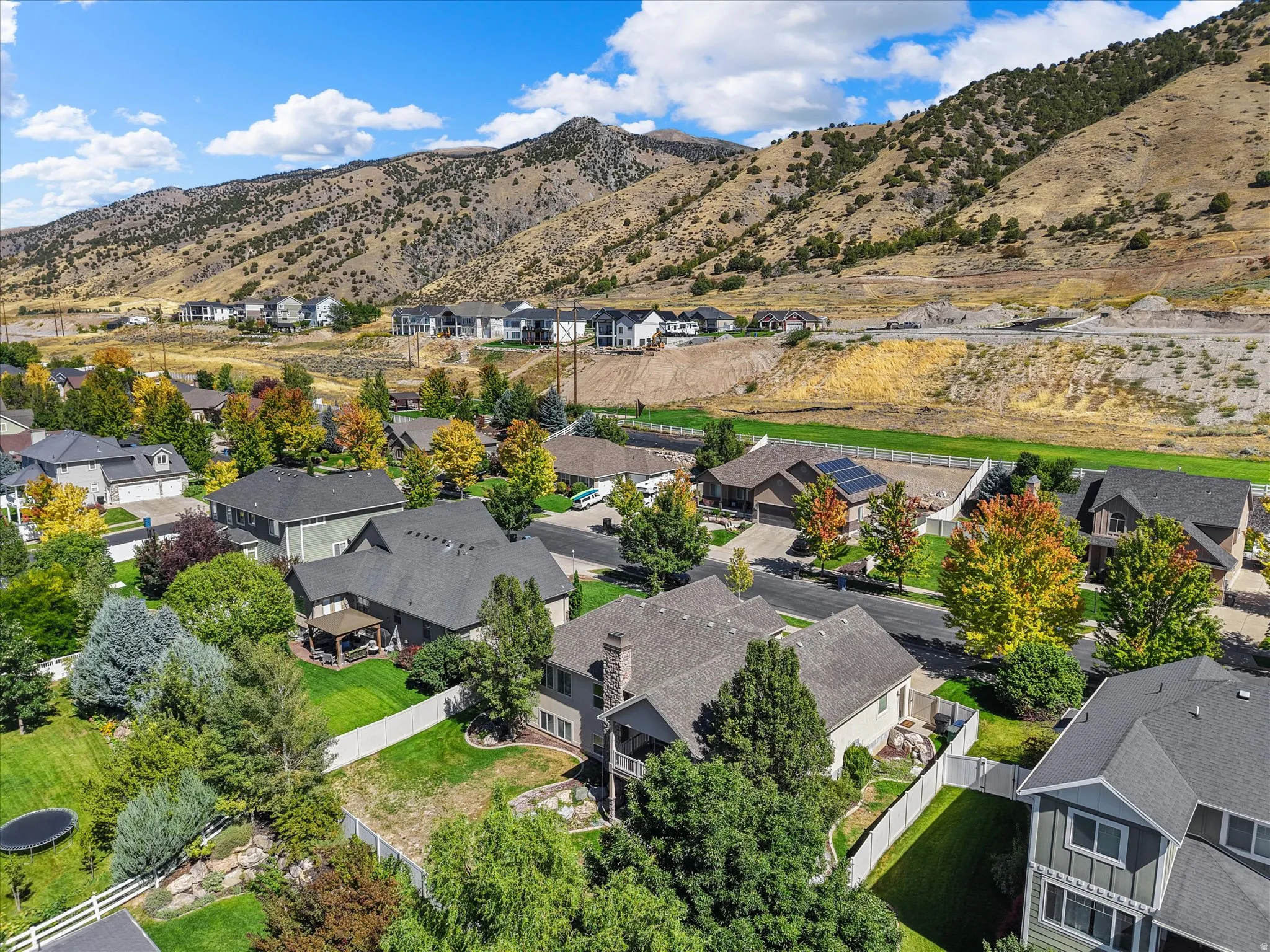 Residential properties with pitched roofs, surrounded by mature trees and landscaping