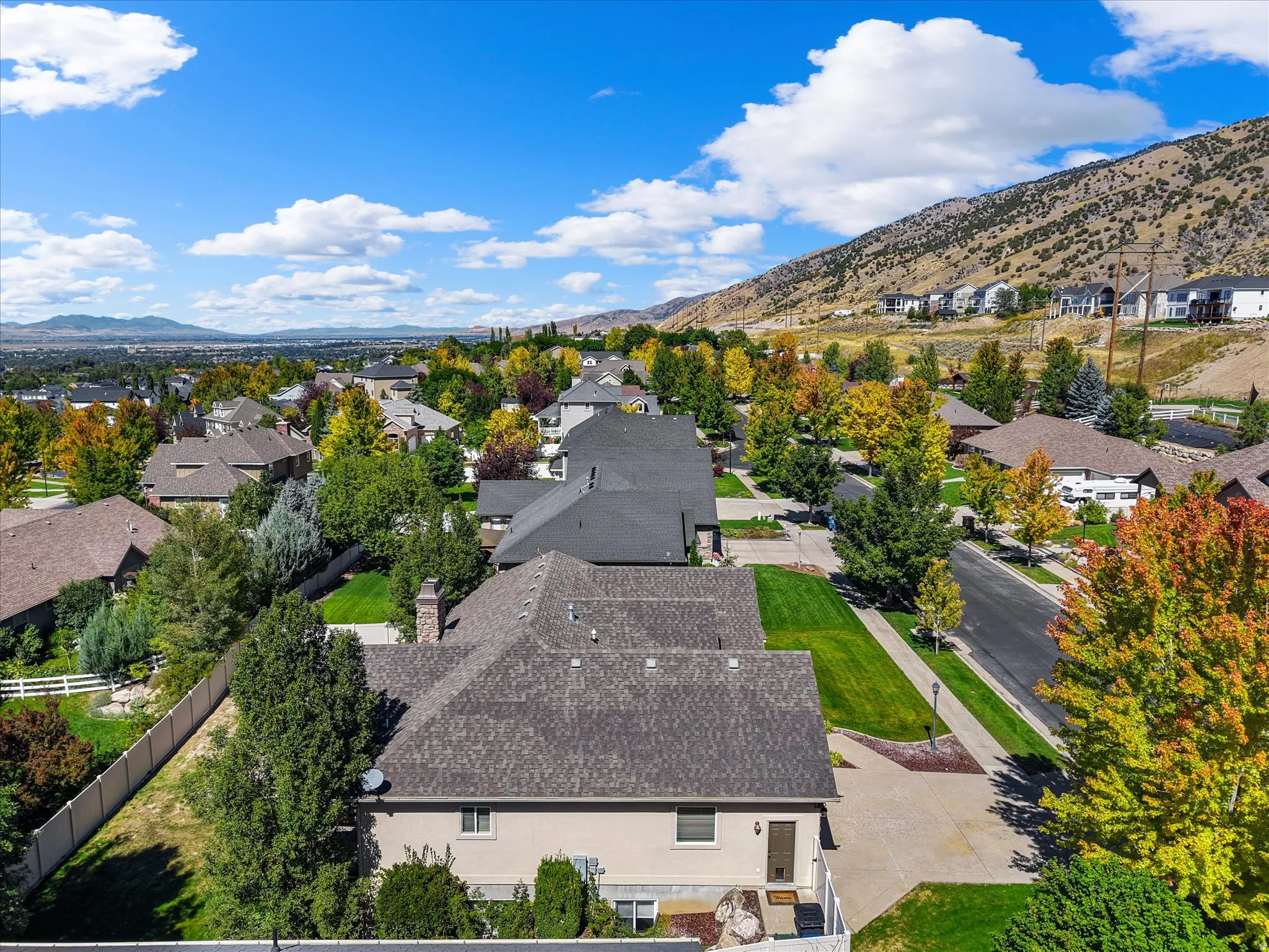 Expansive residential neighborhood with mature trees, paved streets, sidewalks, and mountain backdrop