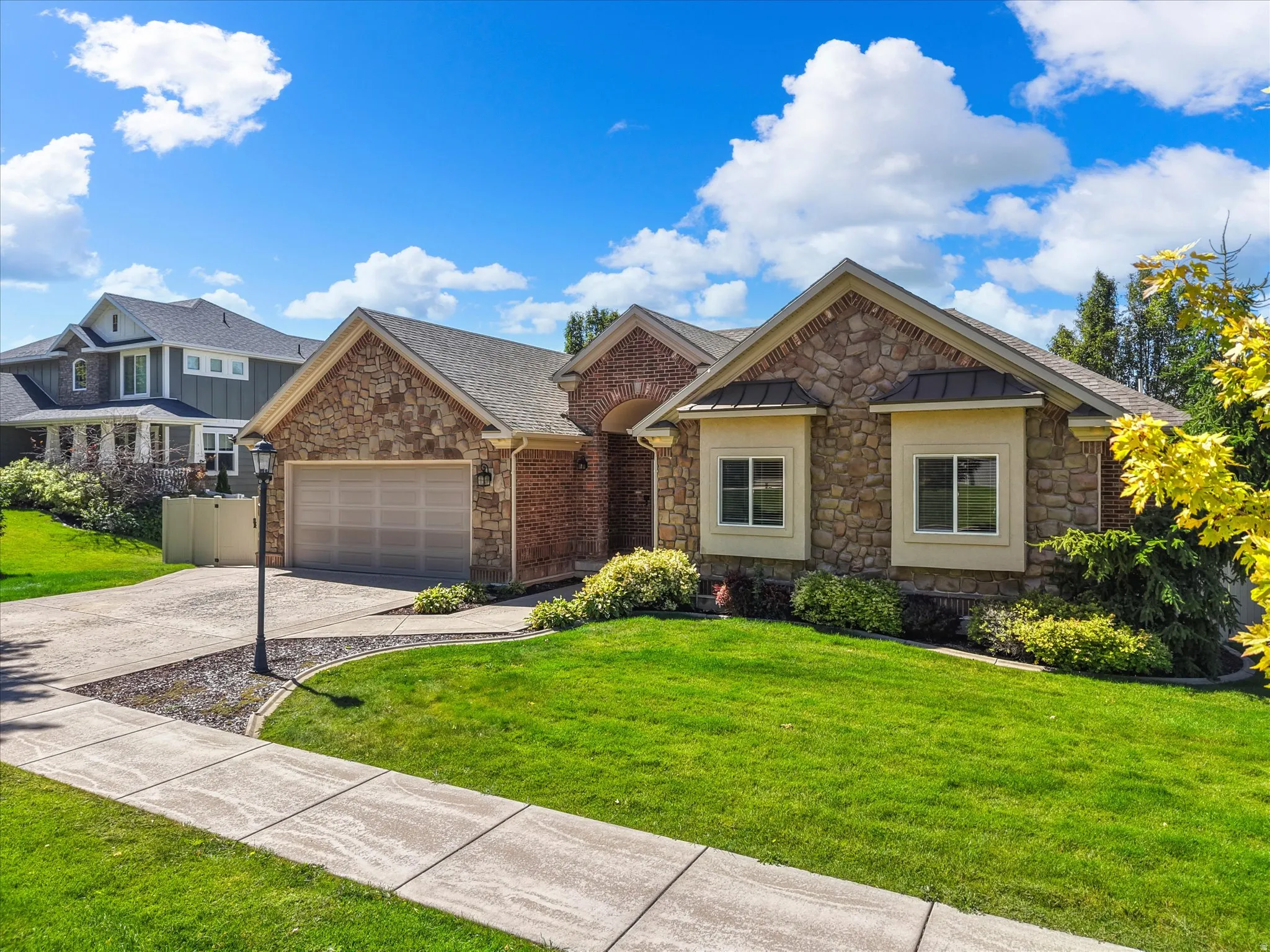 Stone and brick exterior with a pitched roof