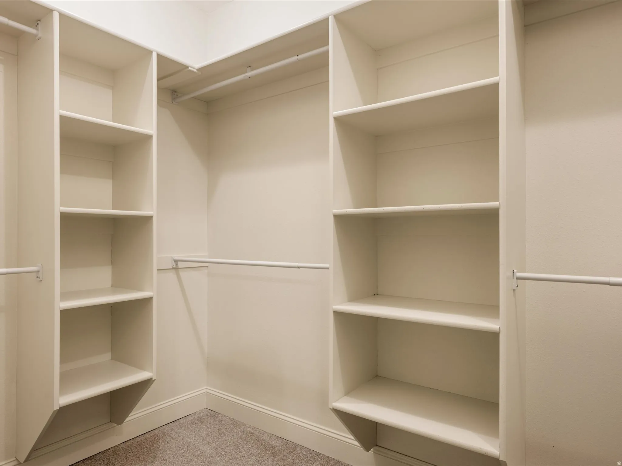 Built-in shelving units with multiple storage levels and hanging rods