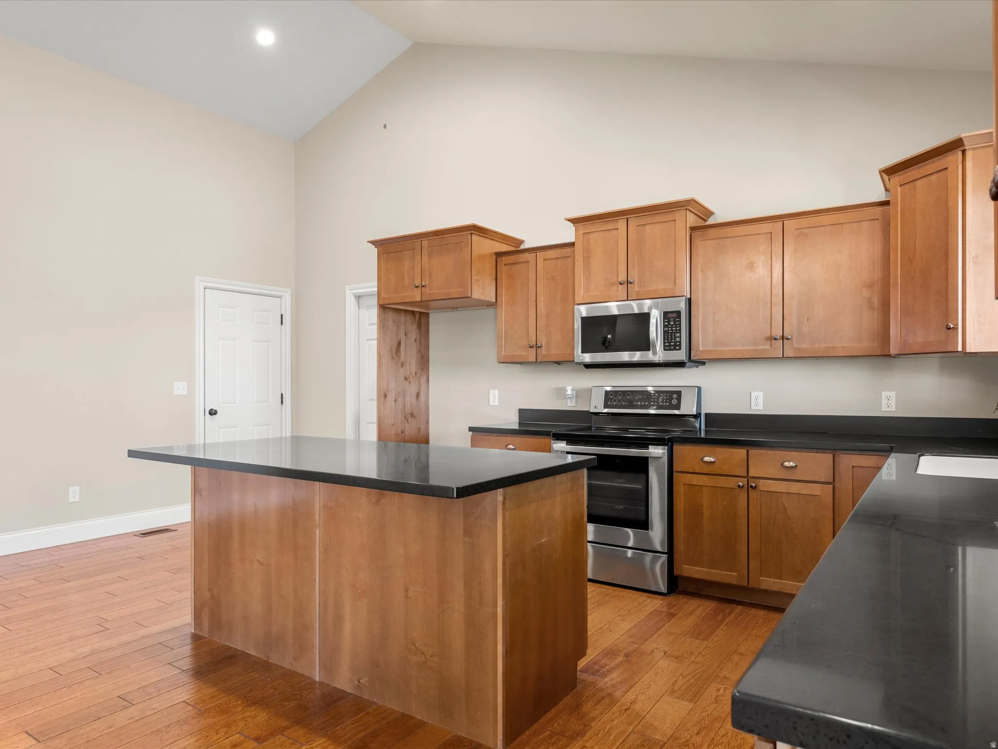 Kitchen featuring wood-finish flooring, vaulted ceilings, wood cabinetry, dark countertops, and stainless steel appliances