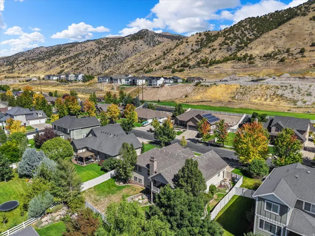 Residential properties with pitched roofs, surrounded by mature trees and landscaping