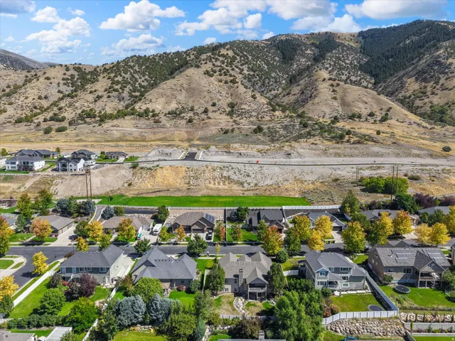 Mountainous backdrop with residential properties and green landscaping