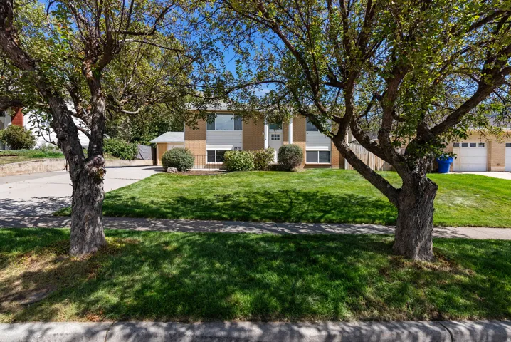 Front exterior featuring a brick and siding facade, mature trees, a manicured lawn, and a concrete driveway