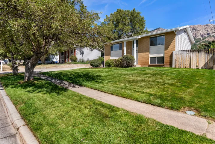 Front yard with a sidewalk, mature trees, and a mountain backdrop
