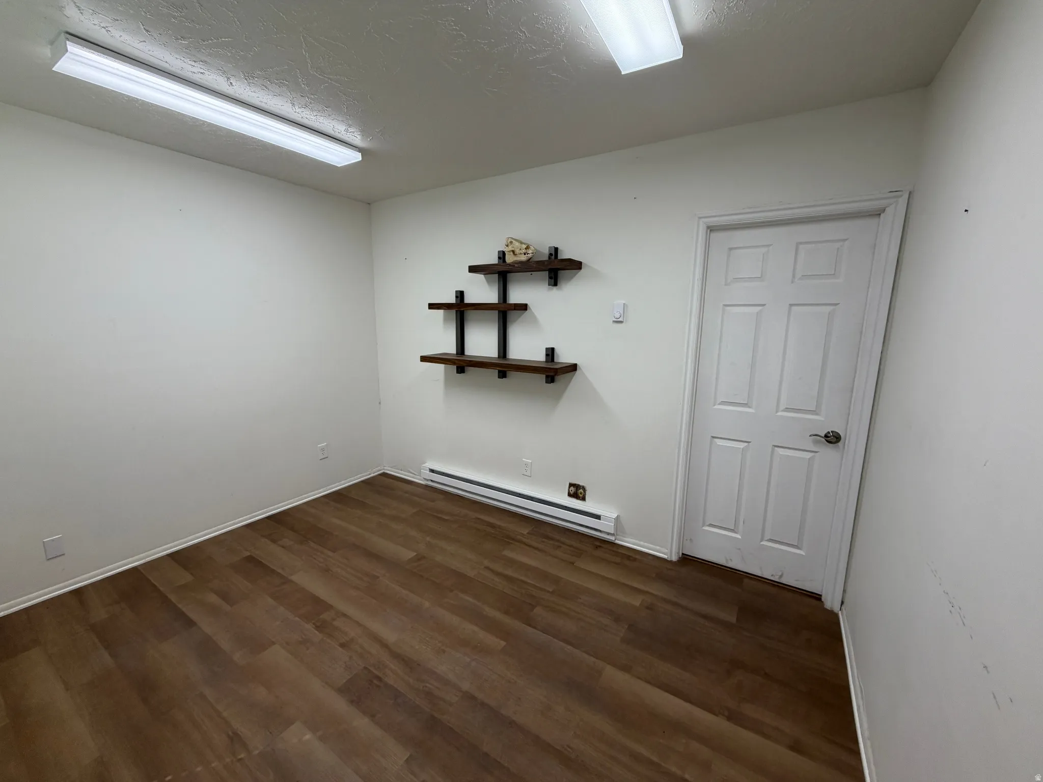 Wood-finish flooring, white walls, and built-in shelving