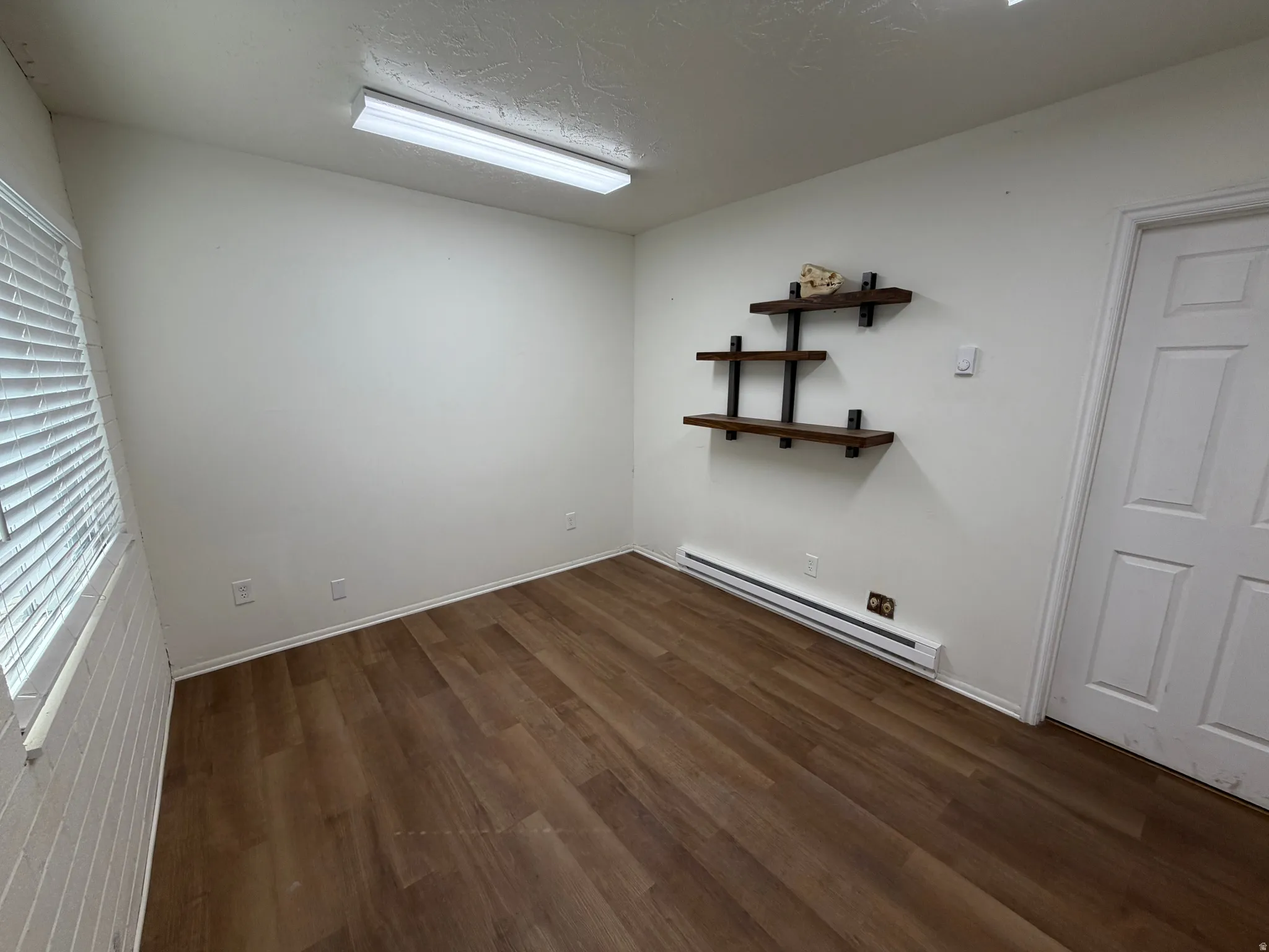 Wood-finish flooring, white painted walls, and a white interior door