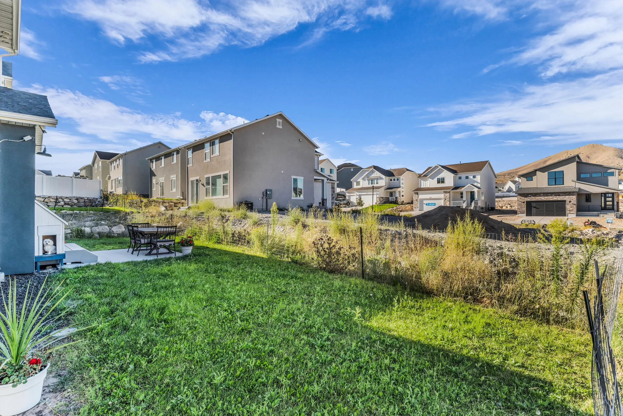 Backyard featuring a green lawn, concrete patio, and sloped landscaping