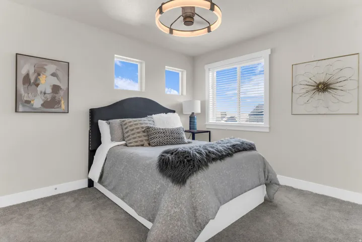 Plush grey carpeting complemented by a contemporary circular light fixture