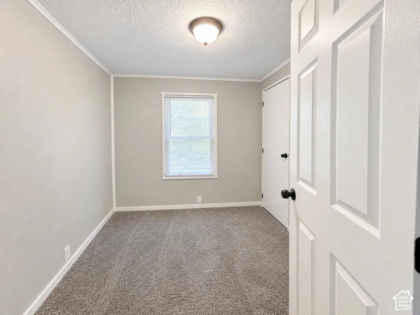 Wall-to-wall carpeting, recessed window, white trim, and a flush mount ceiling light fixture