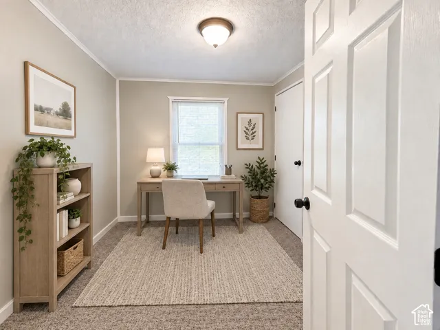 Carpeted flooring, crown molding, white trim, recessed window, and a built-in closet with panel doors