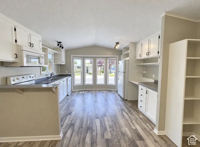 Laminate wood-finish flooring, white cabinetry with dark hardware, built-in shelving, gray countertops, and multiple windows