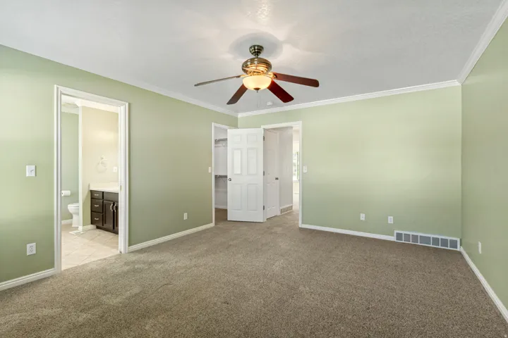 Spacious room featuring carpet flooring, a ceiling fan, and crown molding