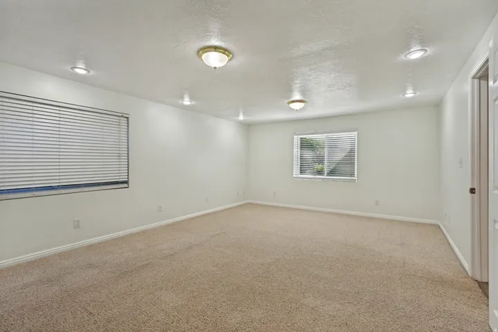 White-painted walls with recessed lighting and flush mount fixtures, complemented by light-toned carpeting