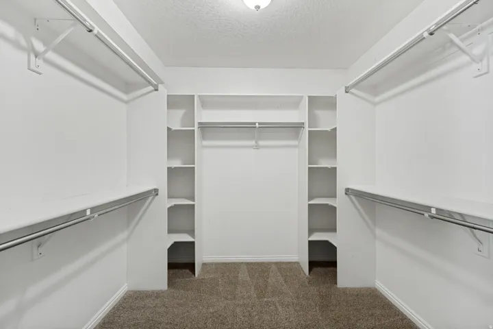 Walk-in closet featuring built-in shelving, dual hanging rods, and carpet flooring