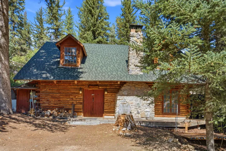 Log cabin exterior featuring a dormer window, stone chimney, and wood-paneled siding