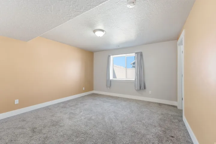 Room featuring carpet flooring, natural light through a window, overhead lighting, and two-tone wall paint