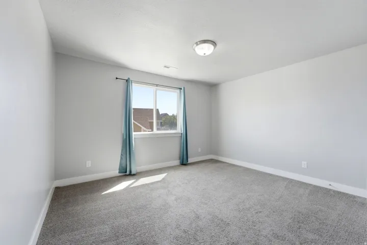 Neutral wall tones, gray carpeting, and an overhead flush-mount light fixture