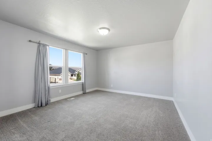 Neutral gray wall tones, ceiling-mounted light fixture, carpeting, and windows