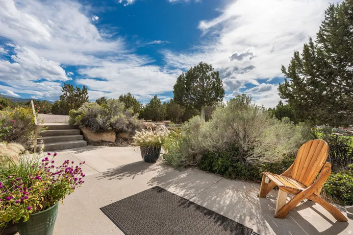 Paved outdoor patio with stone steps and established landscaping