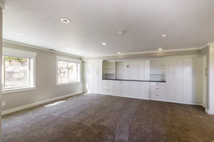 Recessed lighting illuminating a spacious room with carpet flooring, built-in cabinetry, and two windows