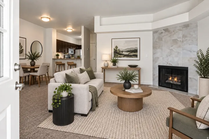 *Virtually Staged* Living area featuring a tiled gas fireplace, recessed ceiling, and open layout connecting the dining area and kitchen with breakfast bar.