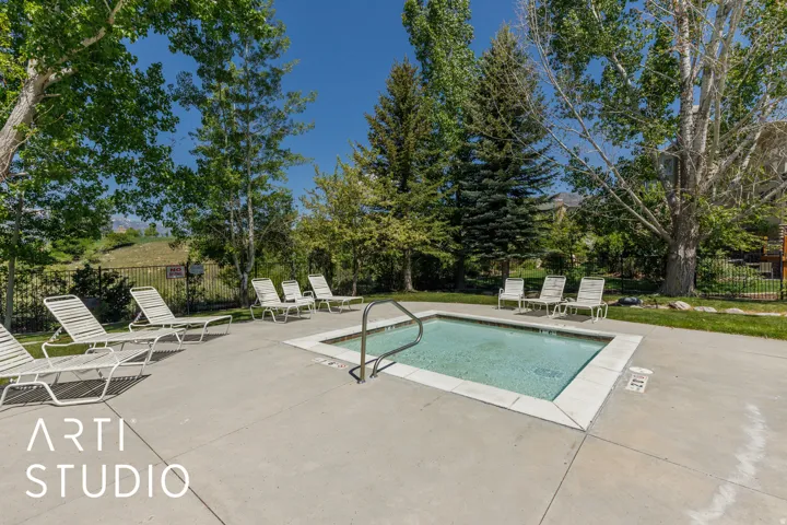 Outdoor spa with surrounding concrete decking, integrated handrail, and perimeter landscaping